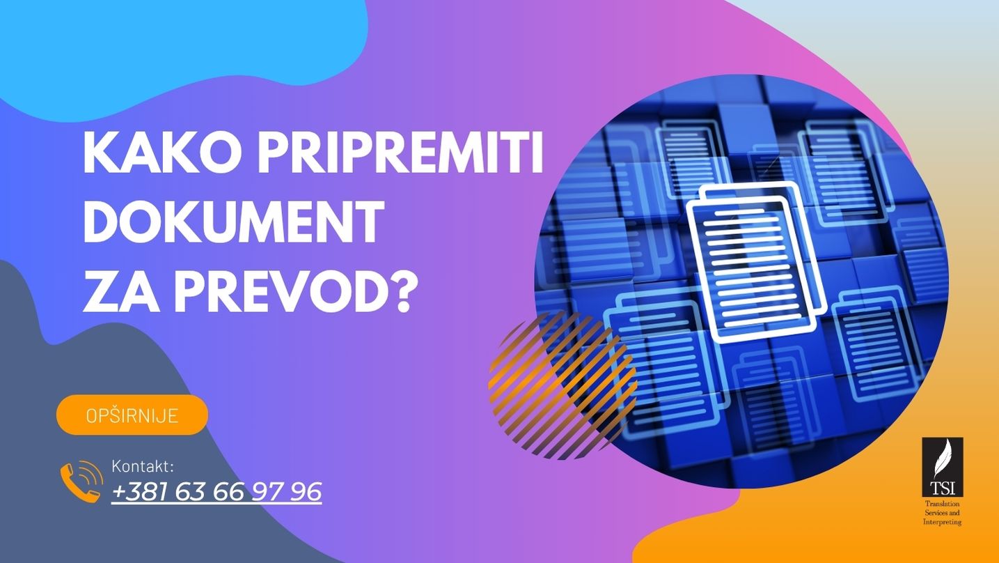 Naslovna grafika vodiča “Kako pripremiti dokument za prevod” sa logom prevodilačke agencije TSI Novi Sad i kontakt telefonom za besplatnu procenu prevoda.
