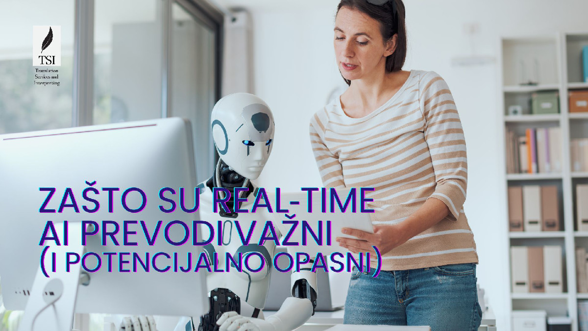 Robot i žena razgovaraju o prednostima i rizicima real-time AI prevoda | TSI prevodilačka agencija